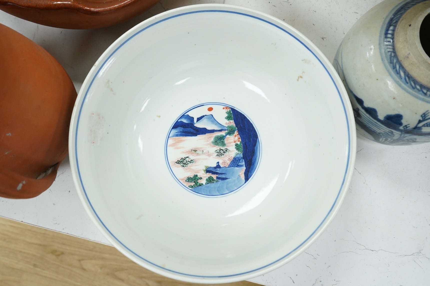 A Chinese famille verte ‘warriors’ bowl and a blue and white ginger jar, bowl 29.5cm diameter